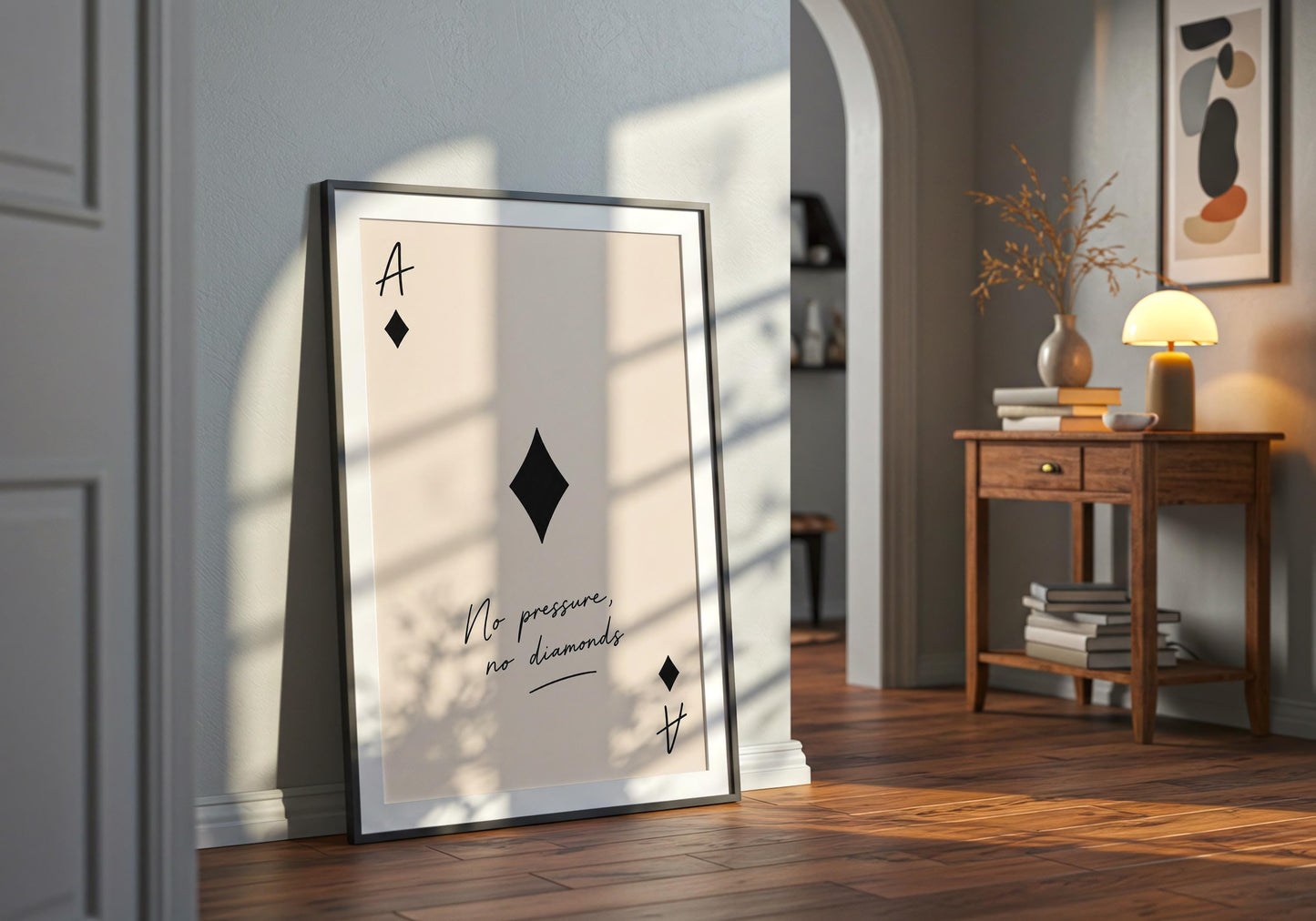 Neutral office decor with diamond playing card artwork.