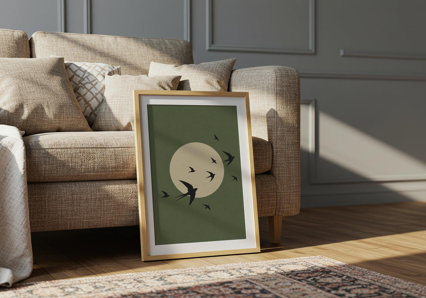 Wellness wall art with minimalist flying birds.