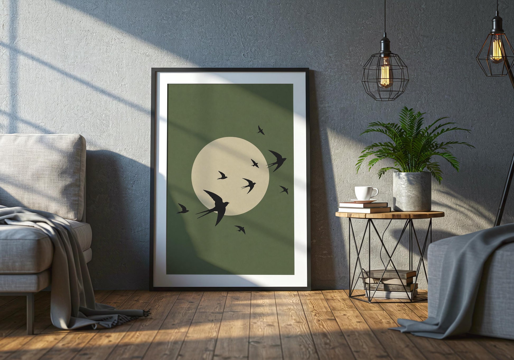 Olive green nature artwork for calming bedroom.