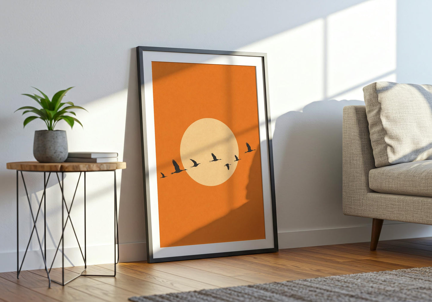 Desert aesthetic bird poster with glowing sun.