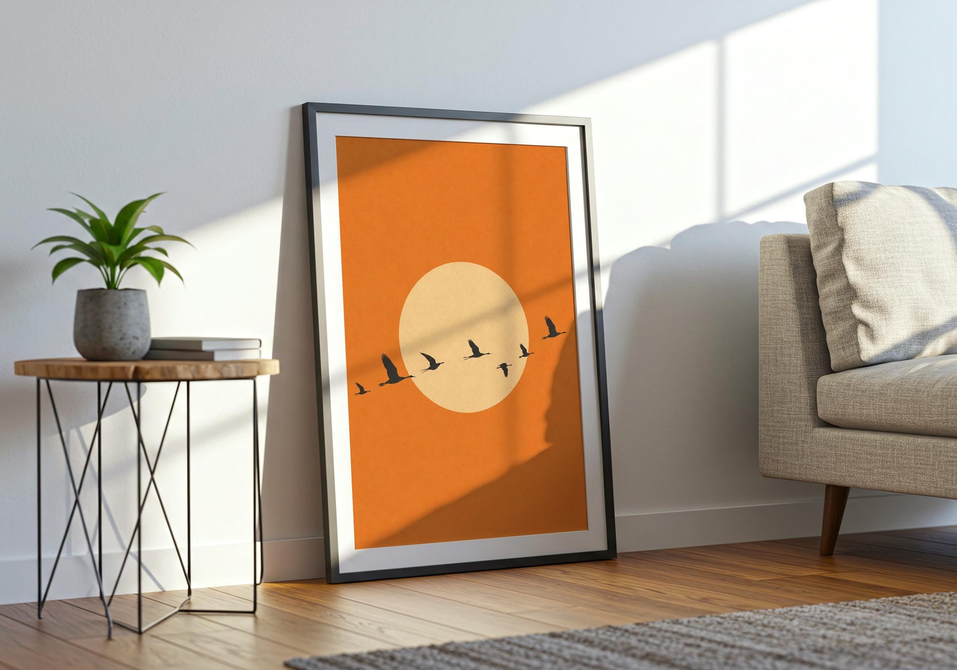 Desert aesthetic bird poster with glowing sun.