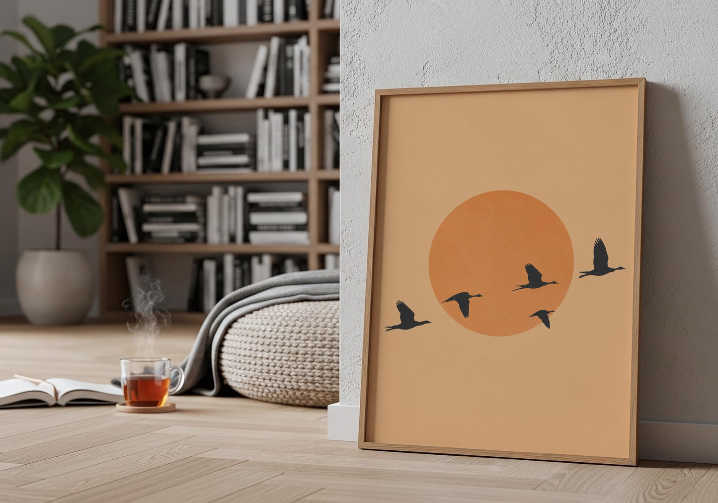 Japandi wall decor featuring flying birds.