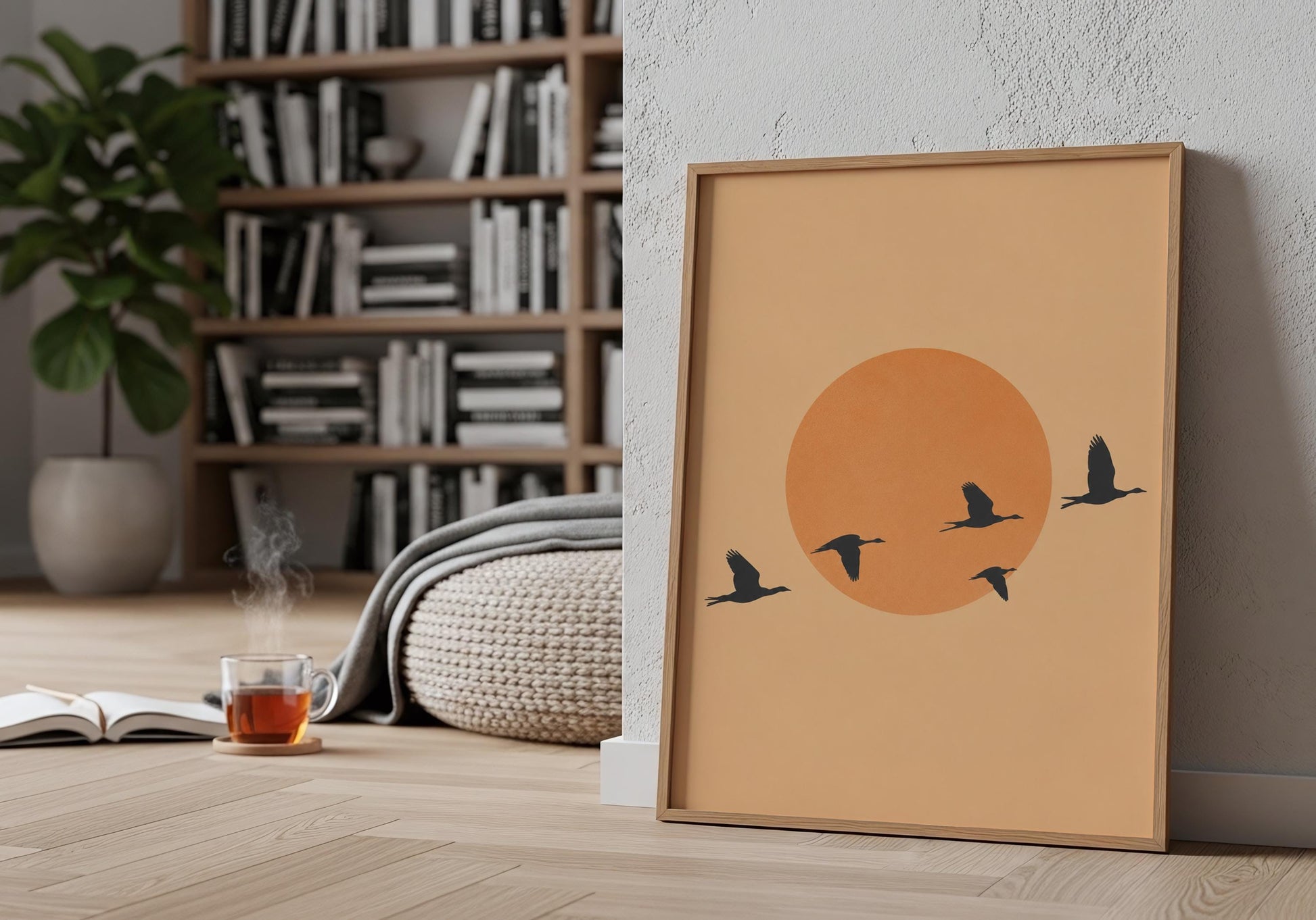 Japandi wall decor featuring flying birds.