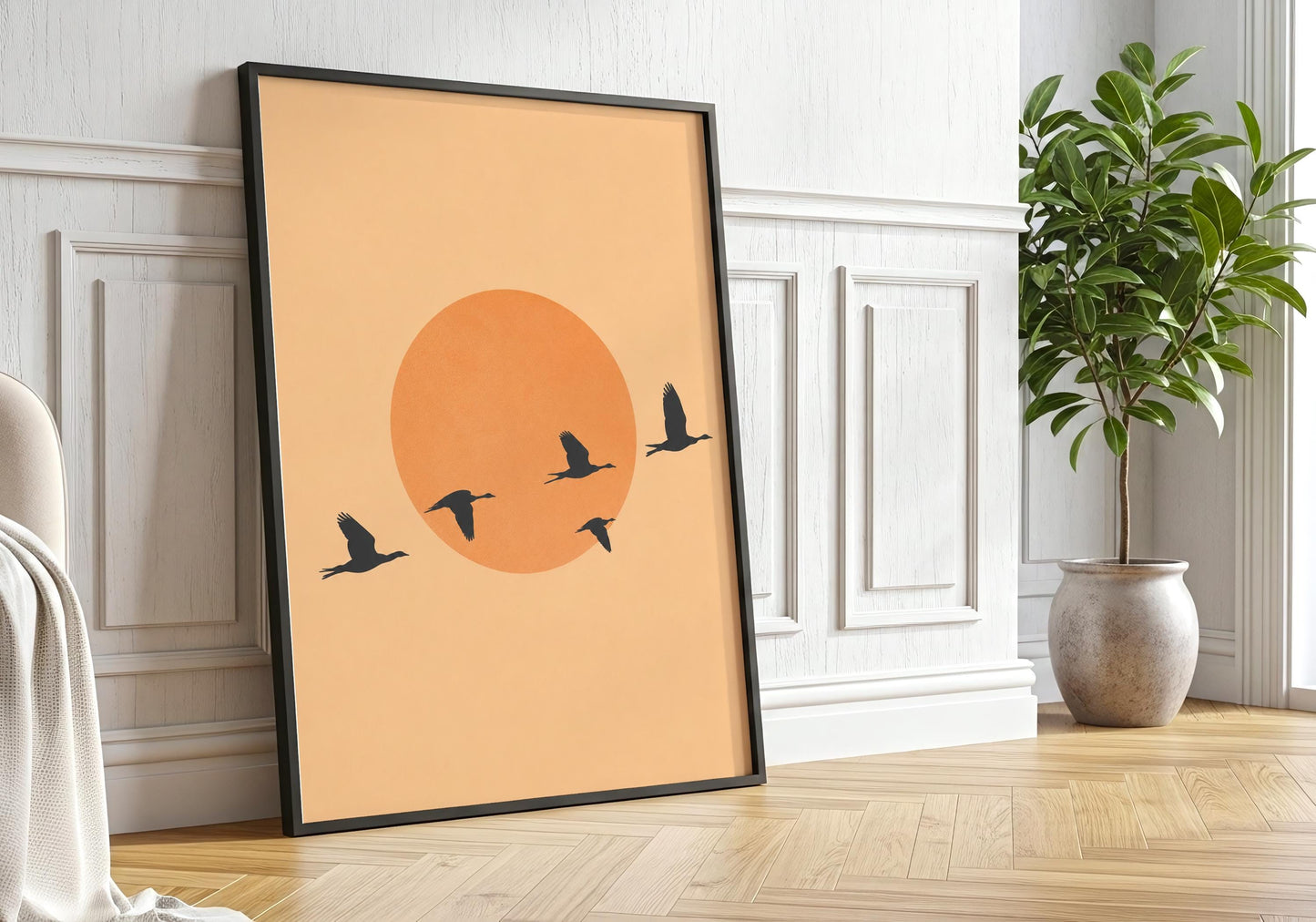 Scandinavian bird print in soft beige tones.
