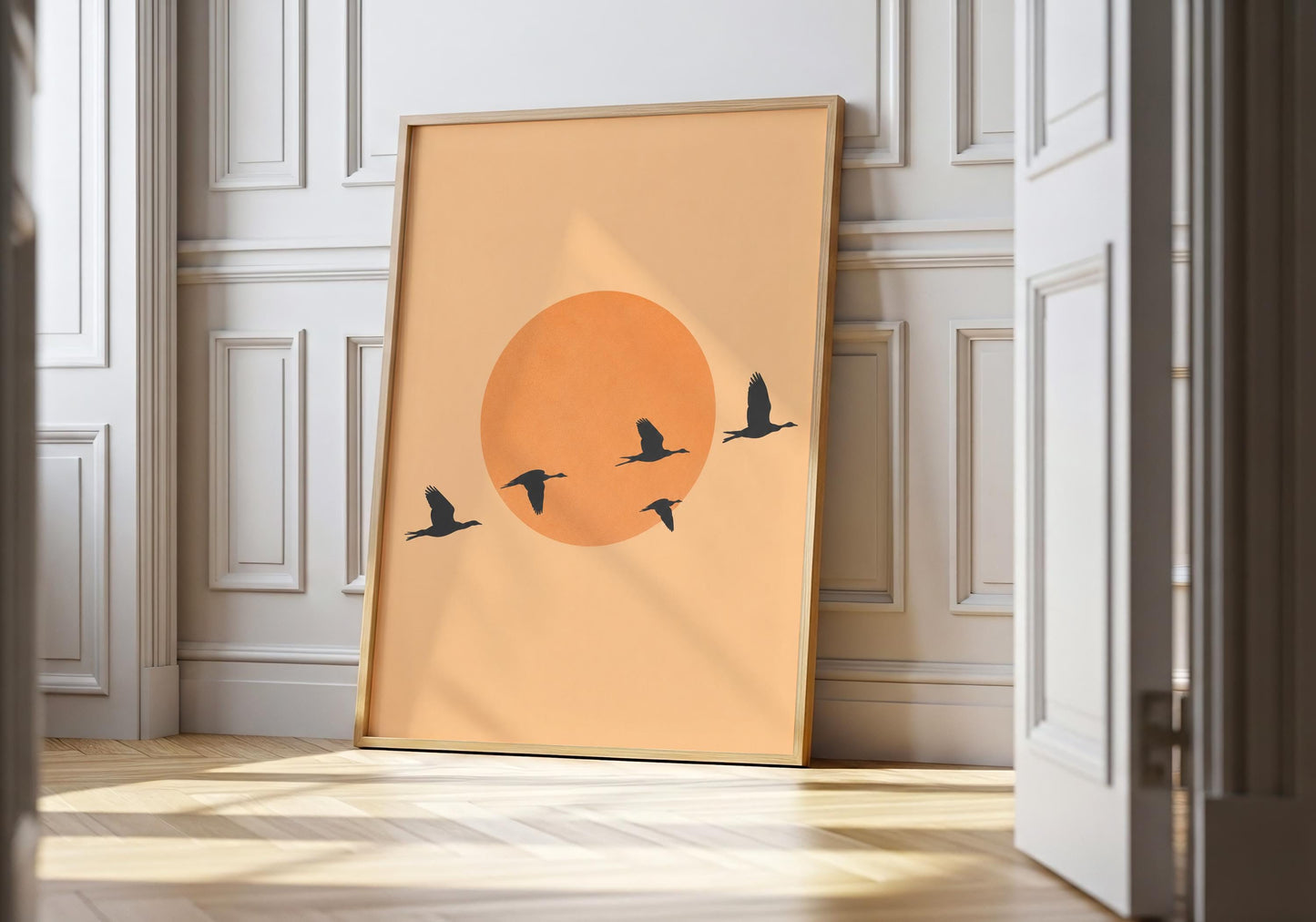 Peach minimalist bird wall art with neutral sun.