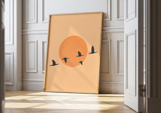 Peach minimalist bird wall art with neutral sun.