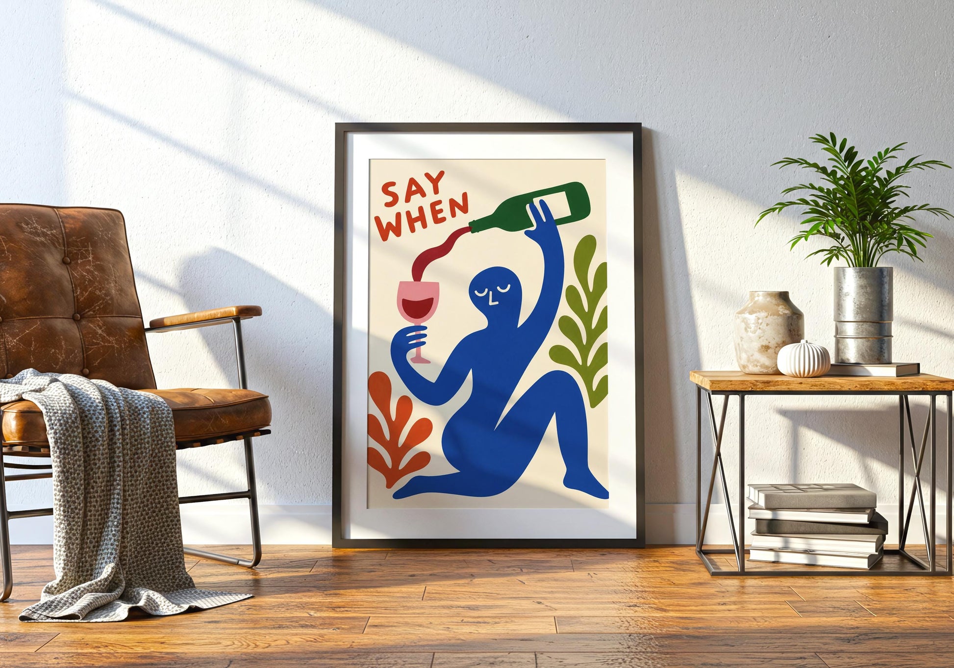 Modern bar cart wall decor with playful wine illustration.