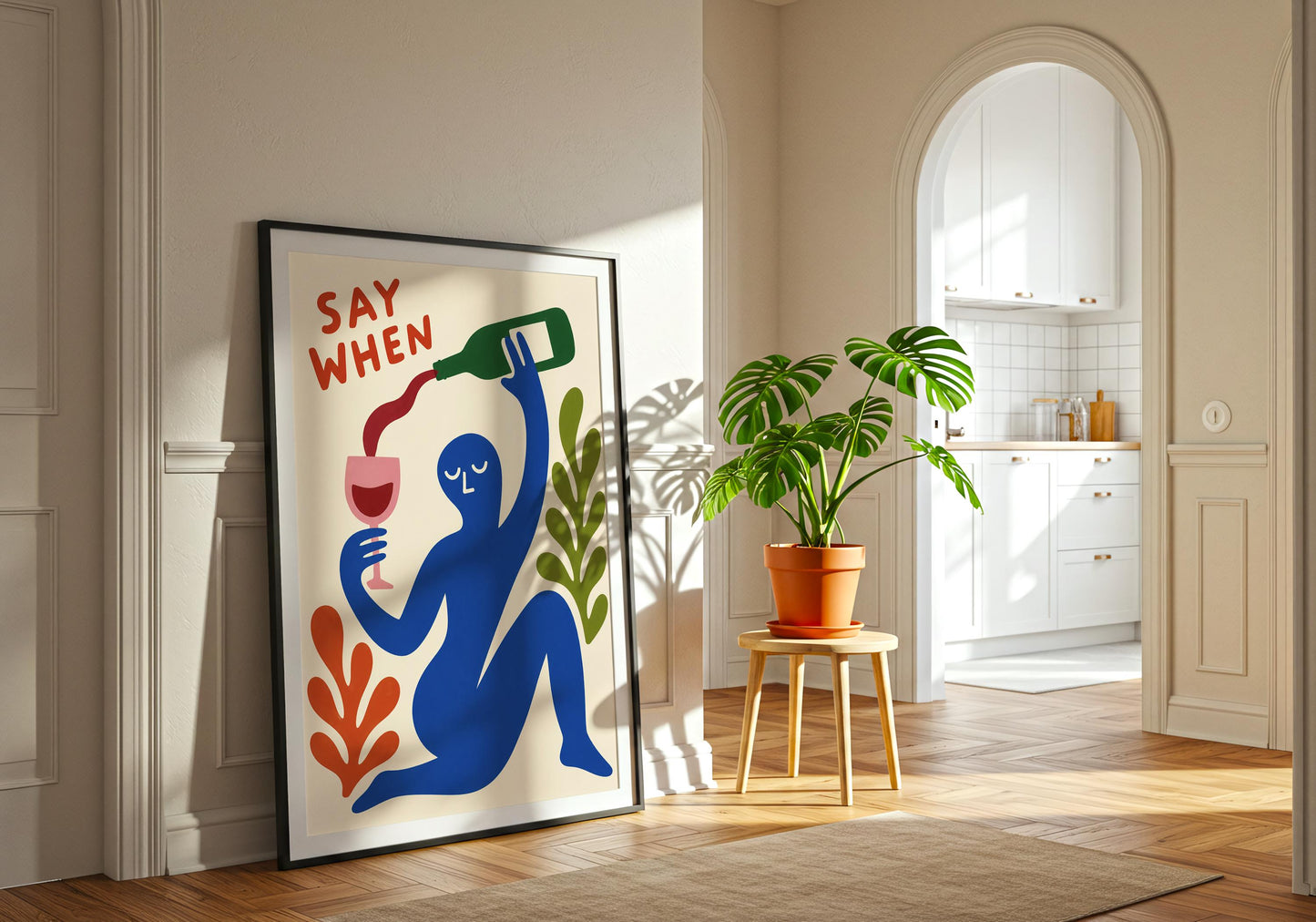 Vibrant dining room print with humorous wine quote.