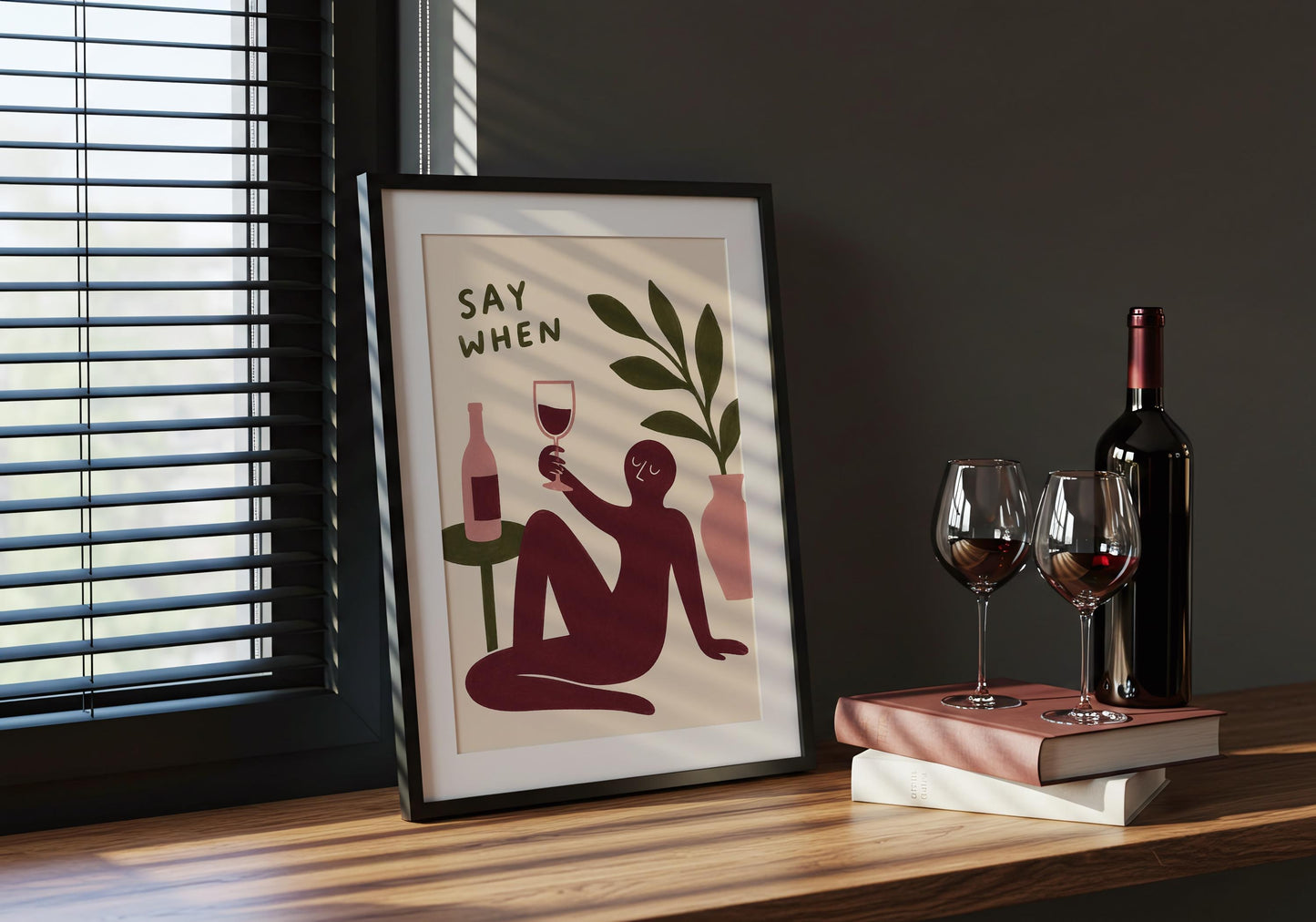 Contemporary wine poster with botanical accents.