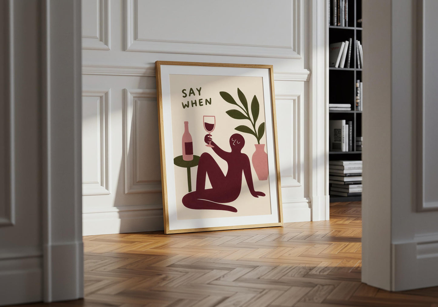 Burgundy and olive green Mediterranean wall decor.