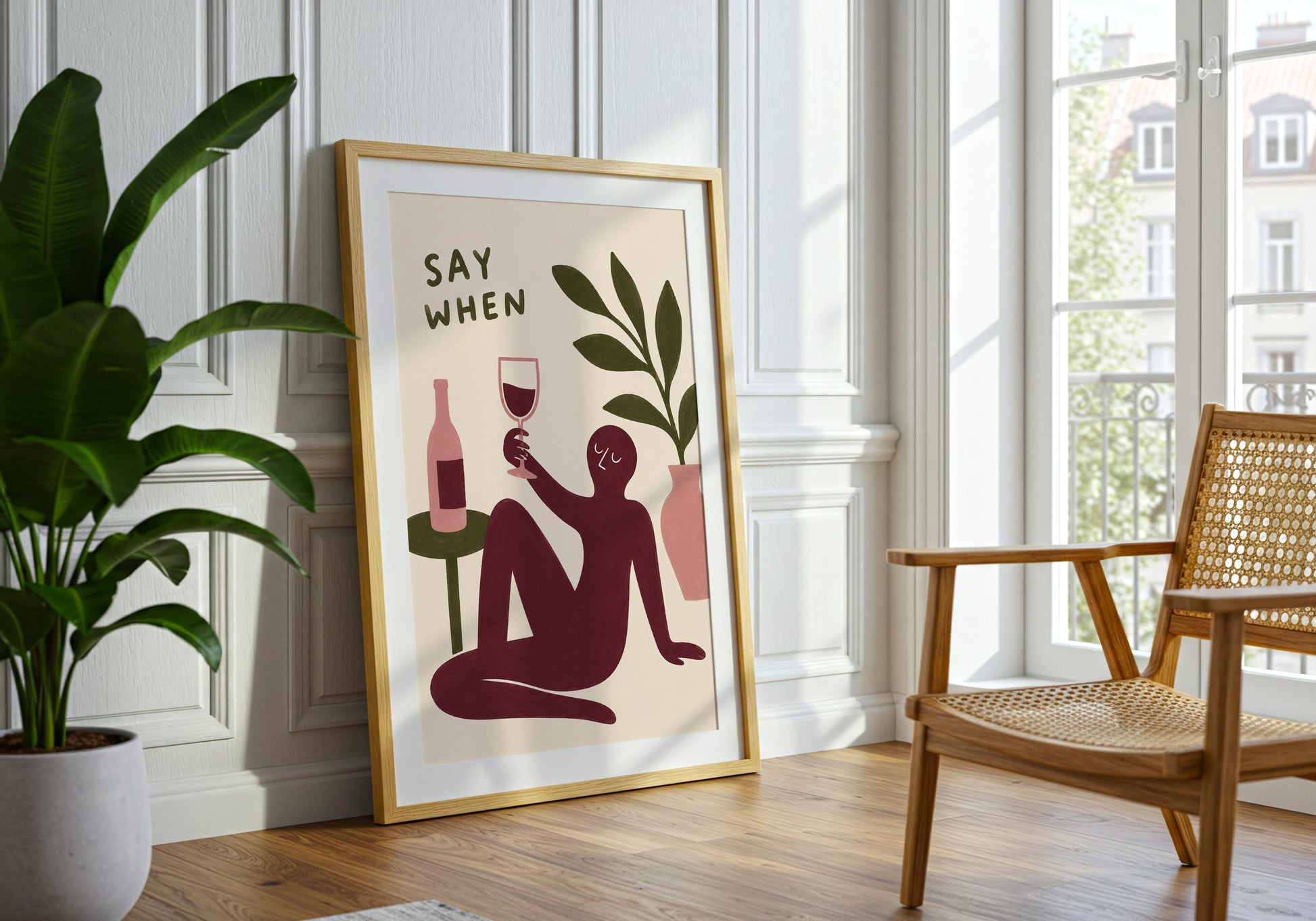 Elegant wine-themed kitchen artwork.