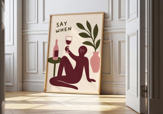 Wine aesthetic wall art featuring abstract figure with red wine.