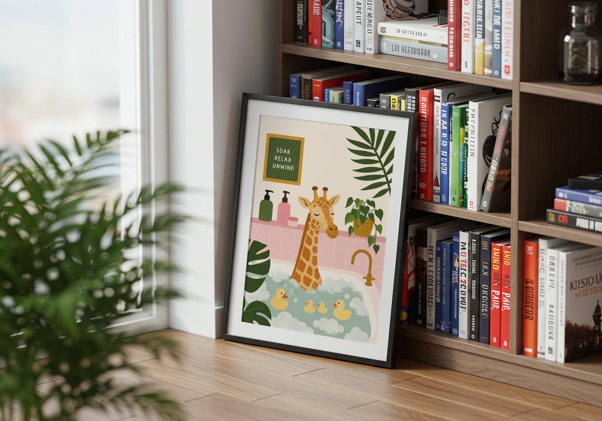 Tropical animal bathroom poster featuring a relaxing giraffe, bubble bath, and rubber ducks.