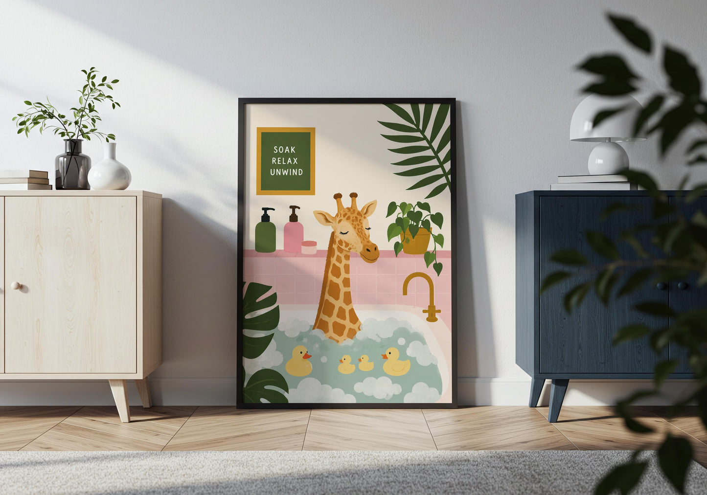 Funny animal wall art designed for guest bathrooms, powder rooms, and spa-inspired spaces.