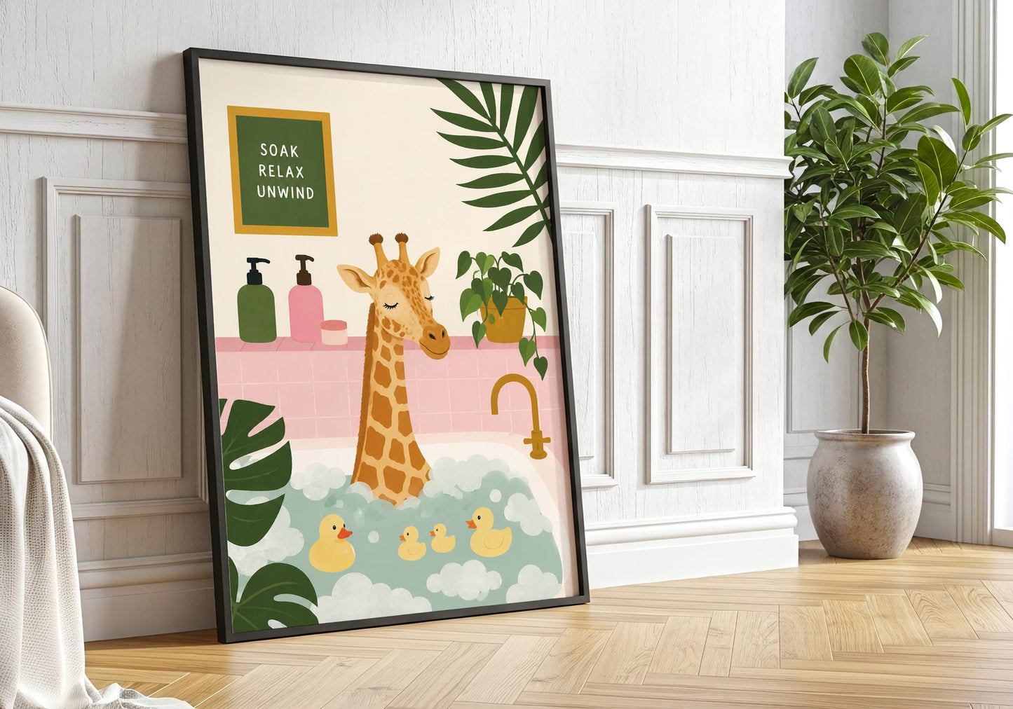 Jungle bathroom wall art with a whimsical giraffe soaking in bubbles surrounded by lush botanical leaves.