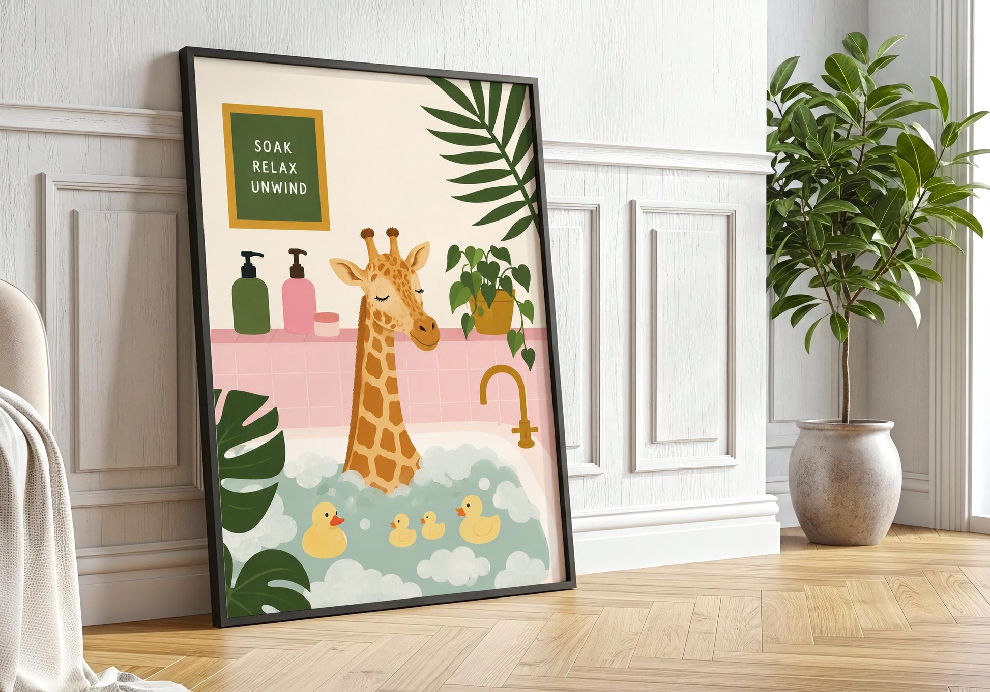 Jungle bathroom wall art with a whimsical giraffe soaking in bubbles surrounded by lush botanical leaves.