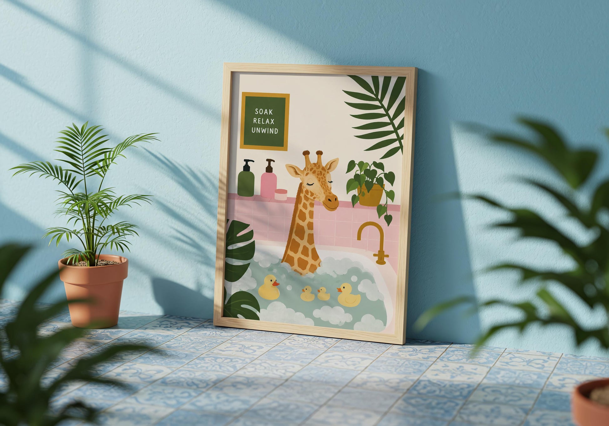 Spa-inspired bathroom artwork featuring a giraffe in a bubble bath and botanical accents.