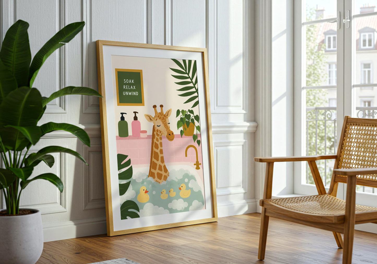 Whimsical giraffe poster combining jungle décor with playful bathroom humour.
