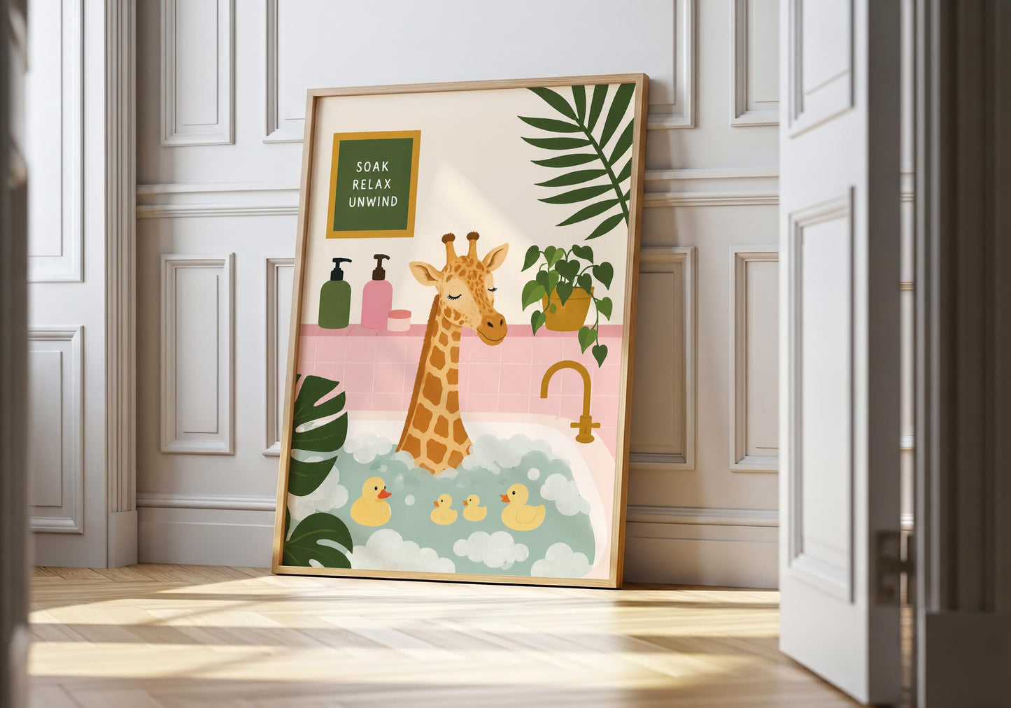 Funny giraffe bathroom wall art featuring a giraffe relaxing in a bubble bath with rubber ducks and tropical plants.