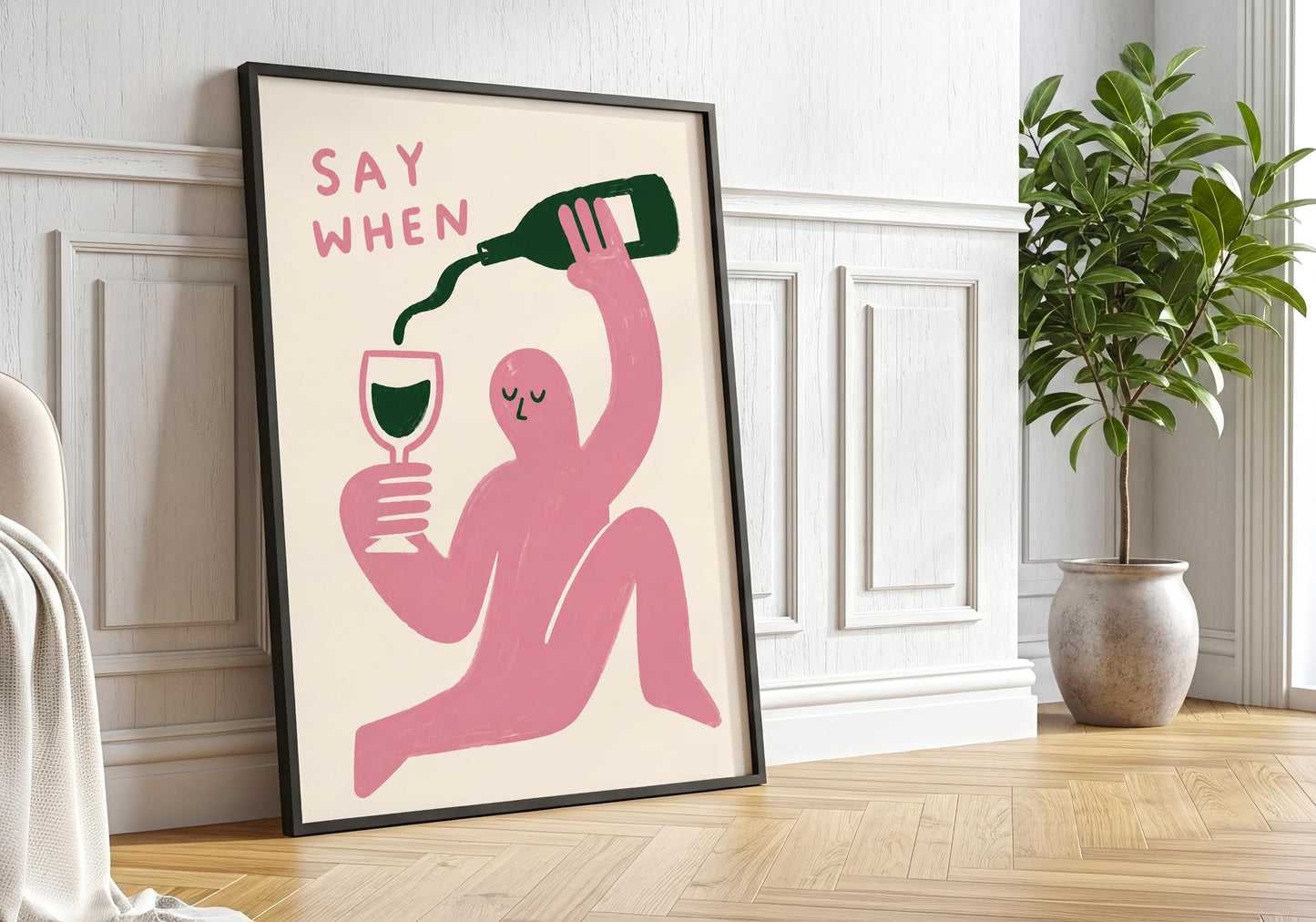 Coquette kitchen print in blush pink and green.