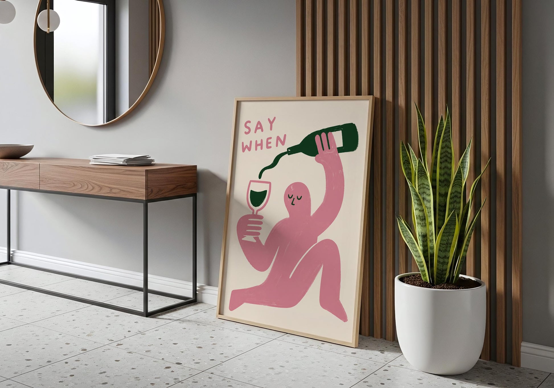 Pink maximalist wall art with abstract figure.