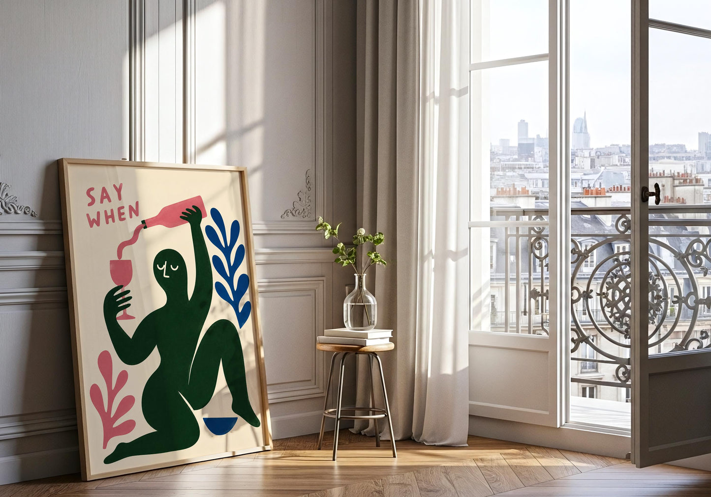 Bold contemporary art print with abstract human figure pouring wine, ideal as colourful dining room artwork or housewarming gift.