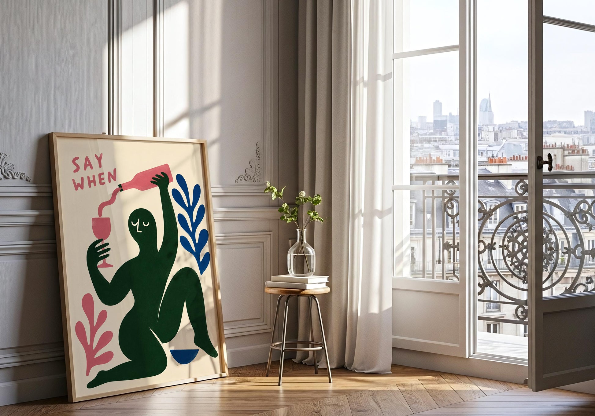 Bold contemporary art print with abstract human figure pouring wine, ideal as colourful dining room artwork or housewarming gift.