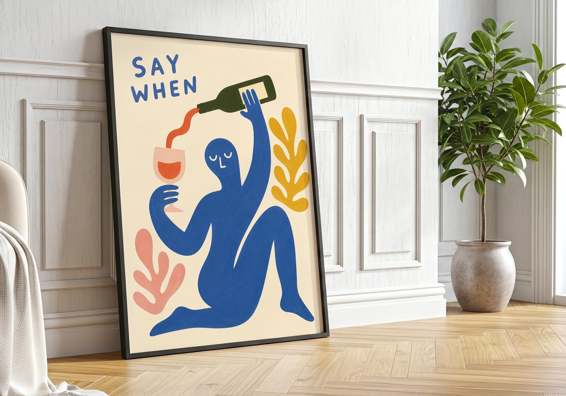 Modern kitchen wall art print with abstract person holding a wine bottle, colourful contemporary illustration for dining room décor.