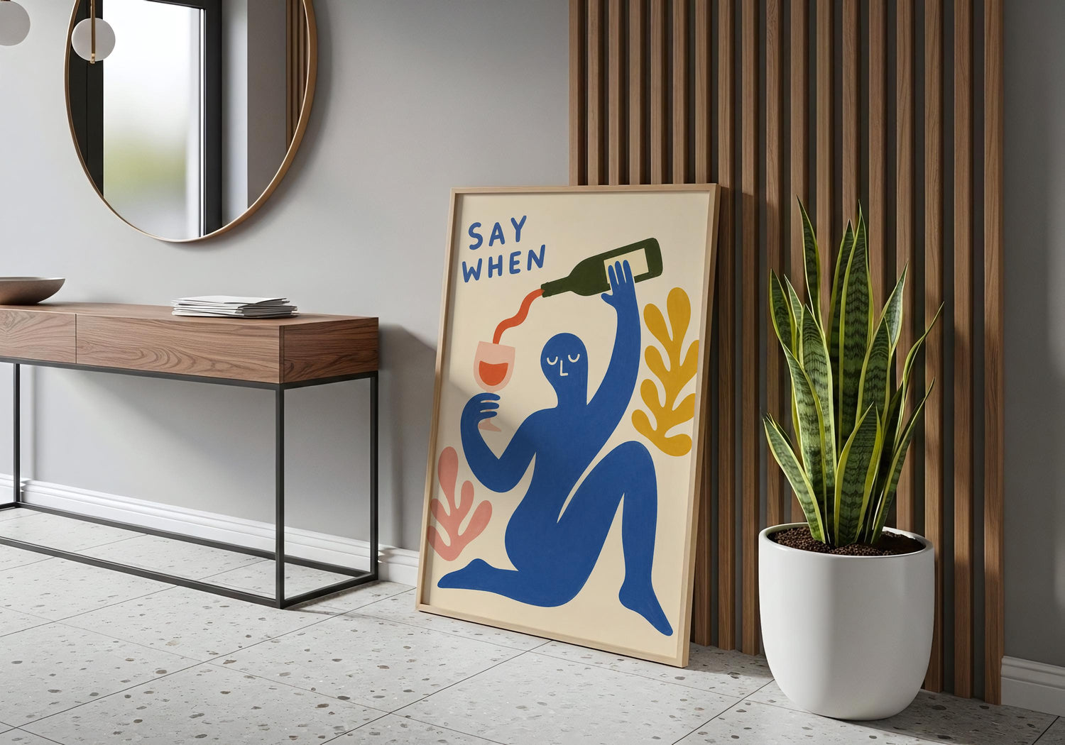 Contemporary wine art poster featuring a minimalist abstract illustration, perfect for modern home bar, kitchen or apartment décor.