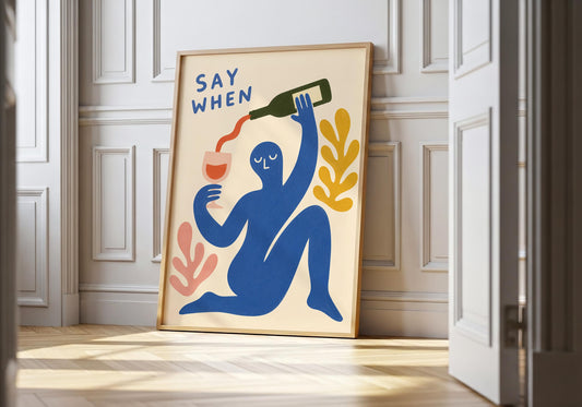 Colourful abstract wine wall art featuring a minimalist blue figure pouring red wine into a glass with modern botanical shapes.
