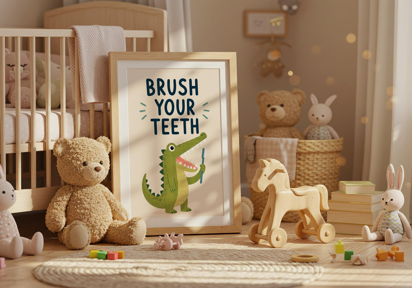 Cute crocodile poster for children's bathrooms featuring a fun brush your teeth reminder.
