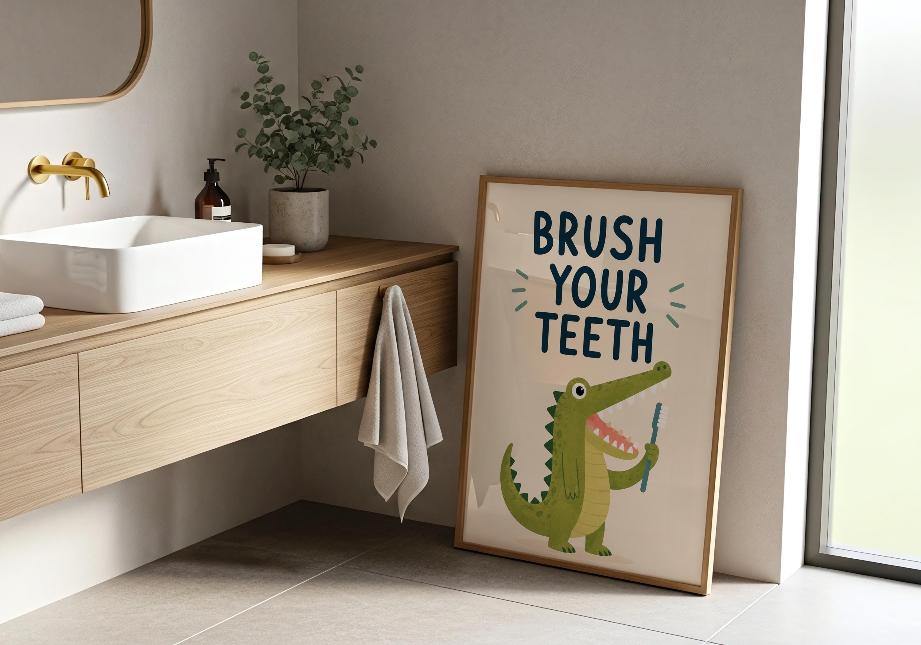 Kids bathroom wall art with a smiling crocodile brushing its teeth and bold educational typography.