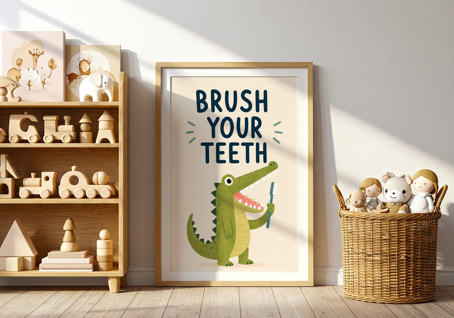 Funny crocodile bathroom print encouraging children to brush their teeth with playful animal artwork.
