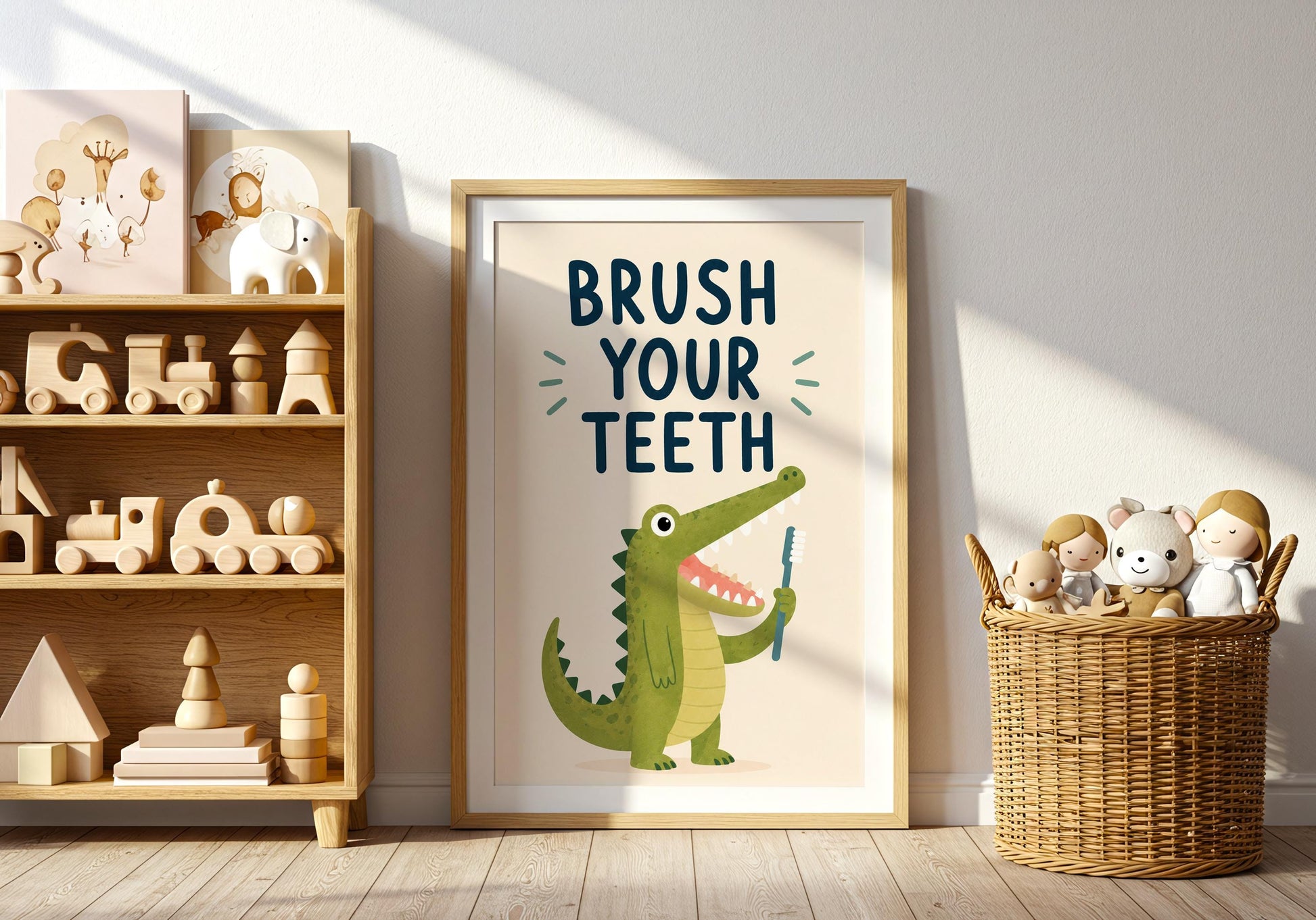 Funny crocodile bathroom print encouraging children to brush their teeth with playful animal artwork.