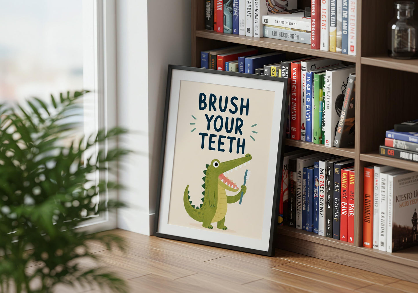 Whimsical crocodile illustration holding a toothbrush for modern kids bathroom wall décor.