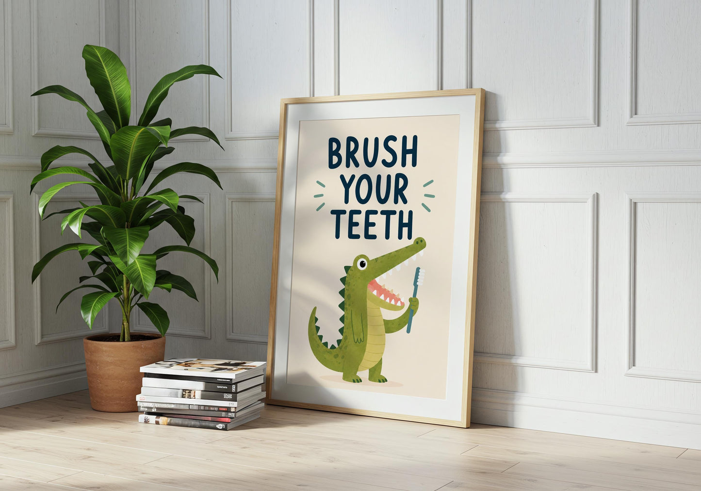 Children's bathroom wall art featuring a playful green crocodile brushing its teeth with a toothbrush.