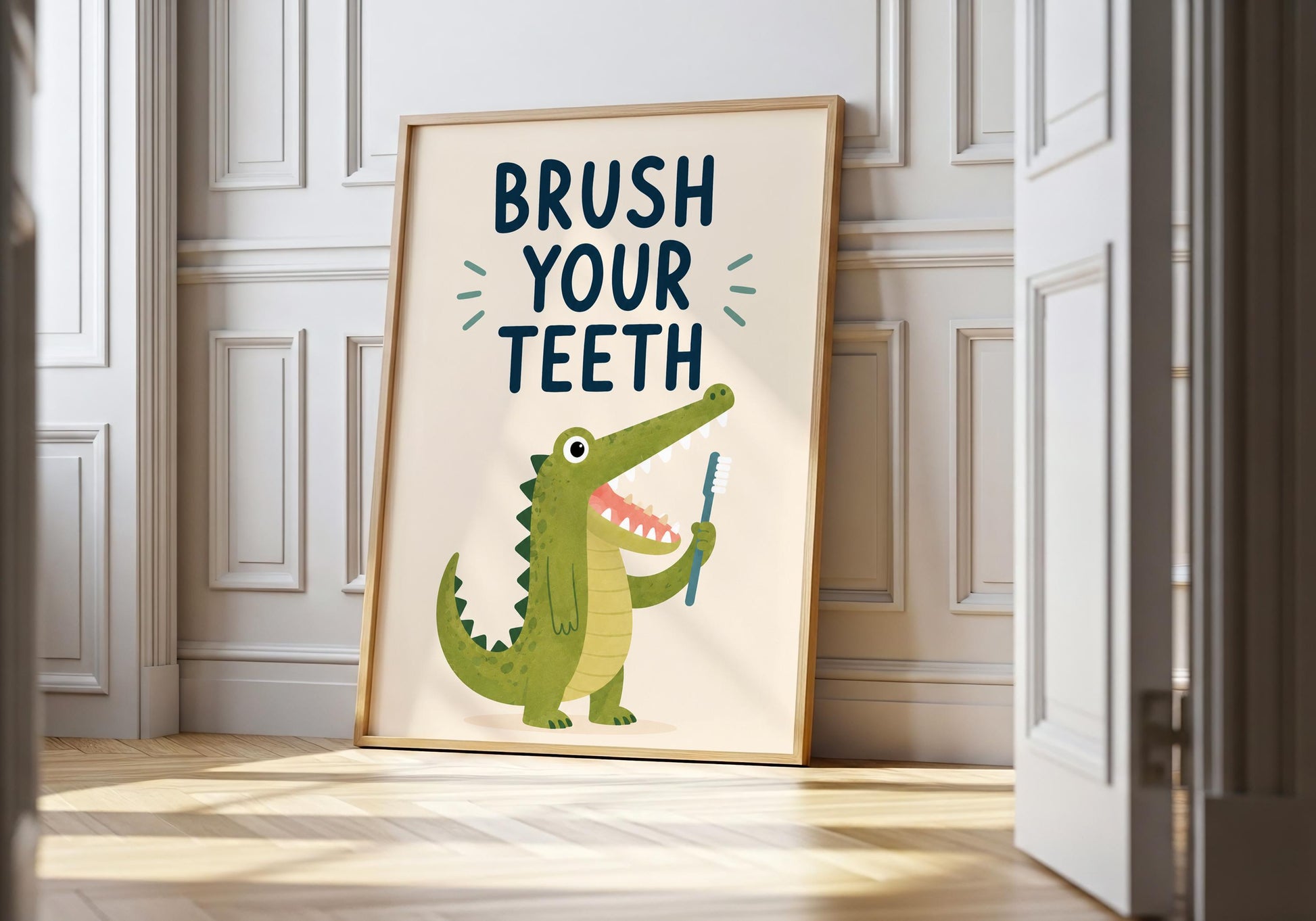 Brush your teeth wall art featuring a cute crocodile holding a toothbrush for kids bathroom décor.