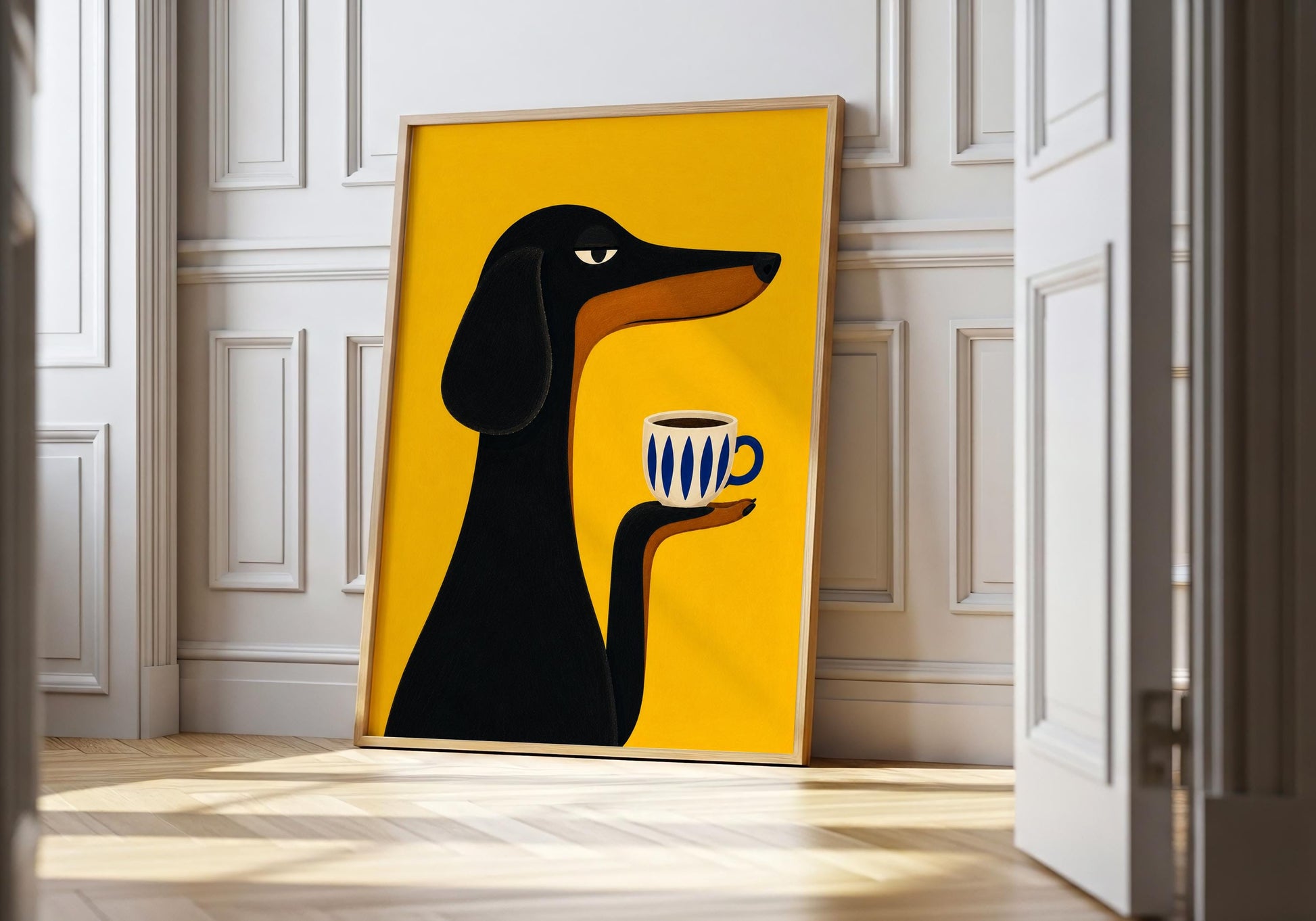Minimalist dachshund wall art featuring a black sausage dog holding a coffee cup against a mustard yellow background.