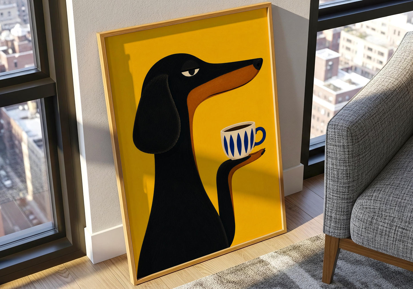 Modern dog wall art featuring a minimalist dachshund enjoying coffee in a bold yellow design.