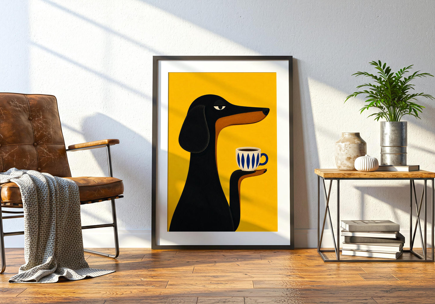Coffee station wall décor with playful dachshund illustration and Scandinavian-inspired minimalist style.