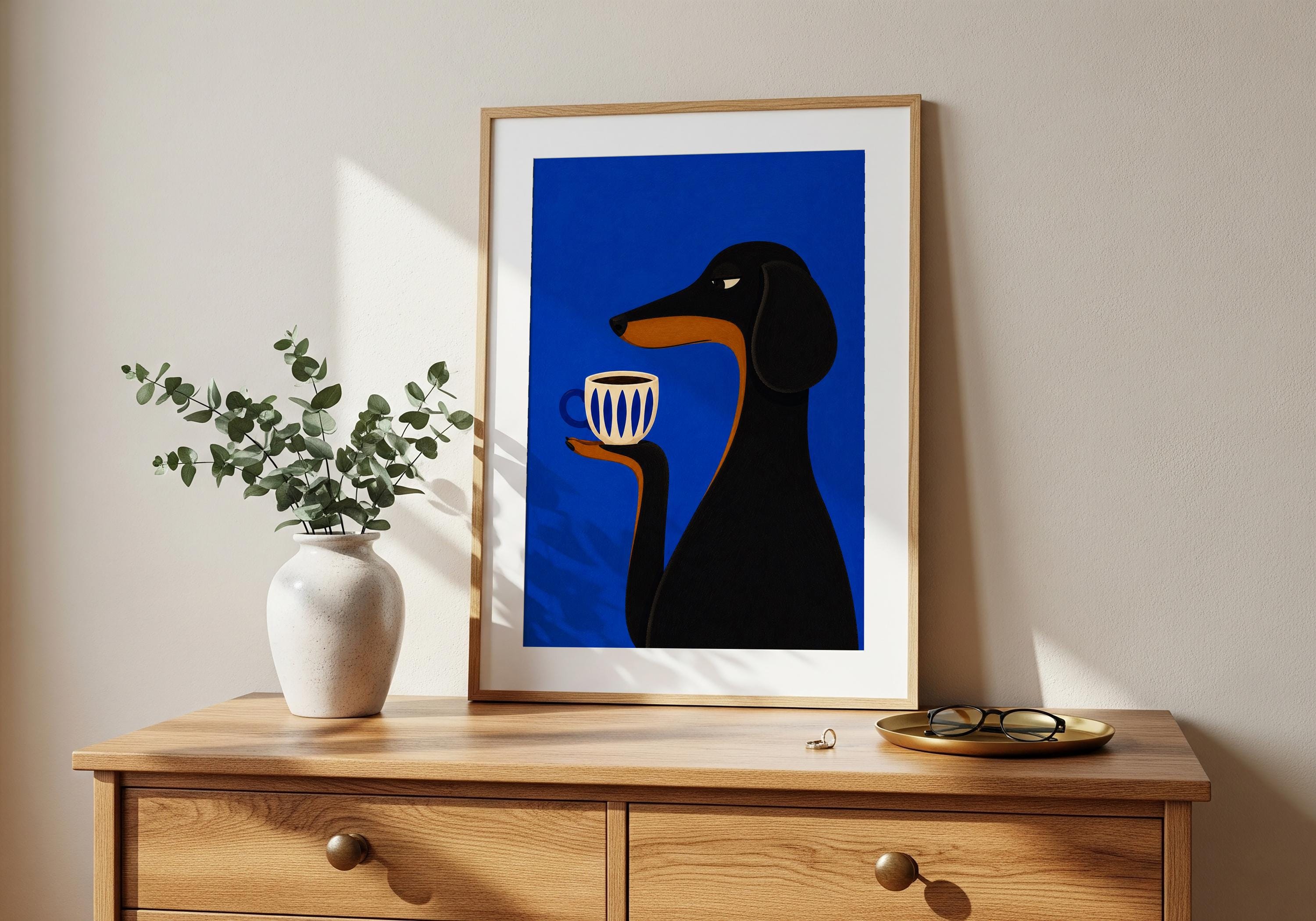Navy blue wall art print featuring a stylish dachshund in minimalist graphic design.