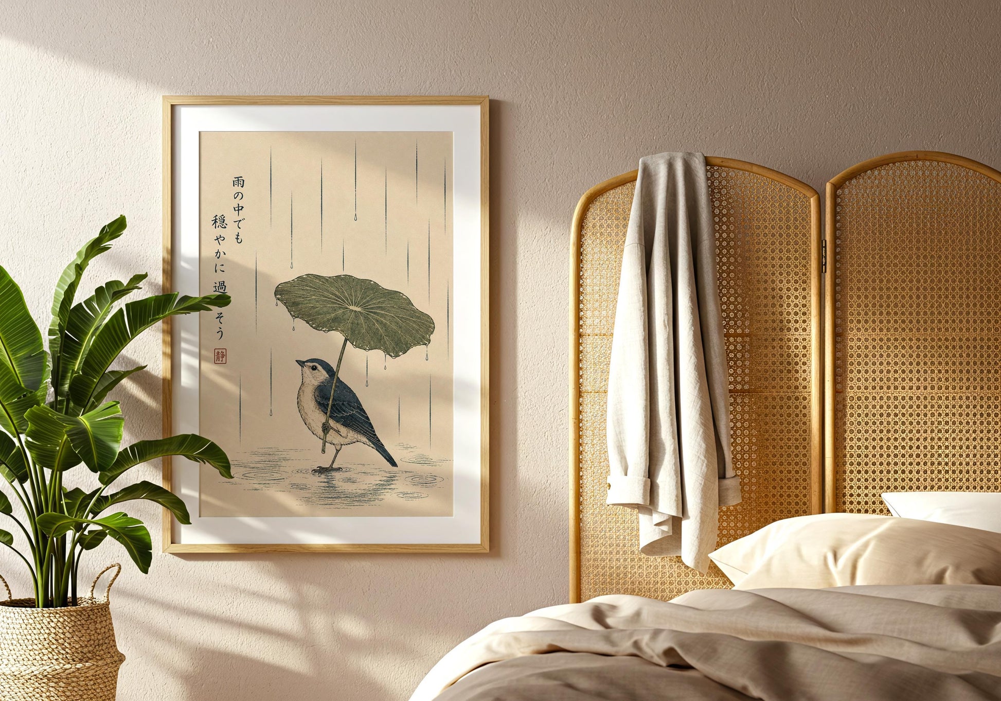 Japandi wall art print with traditional Japanese bird illustration, lotus leaf umbrella and peaceful rain scene.