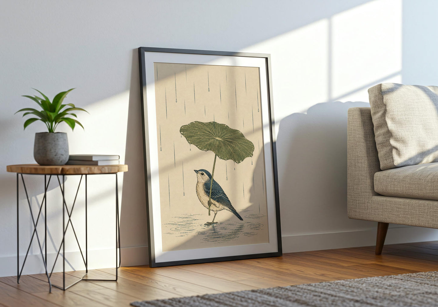 Contemporary bird poster with lotus leaf umbrella, perfect for meditation rooms and Scandinavian home décor.