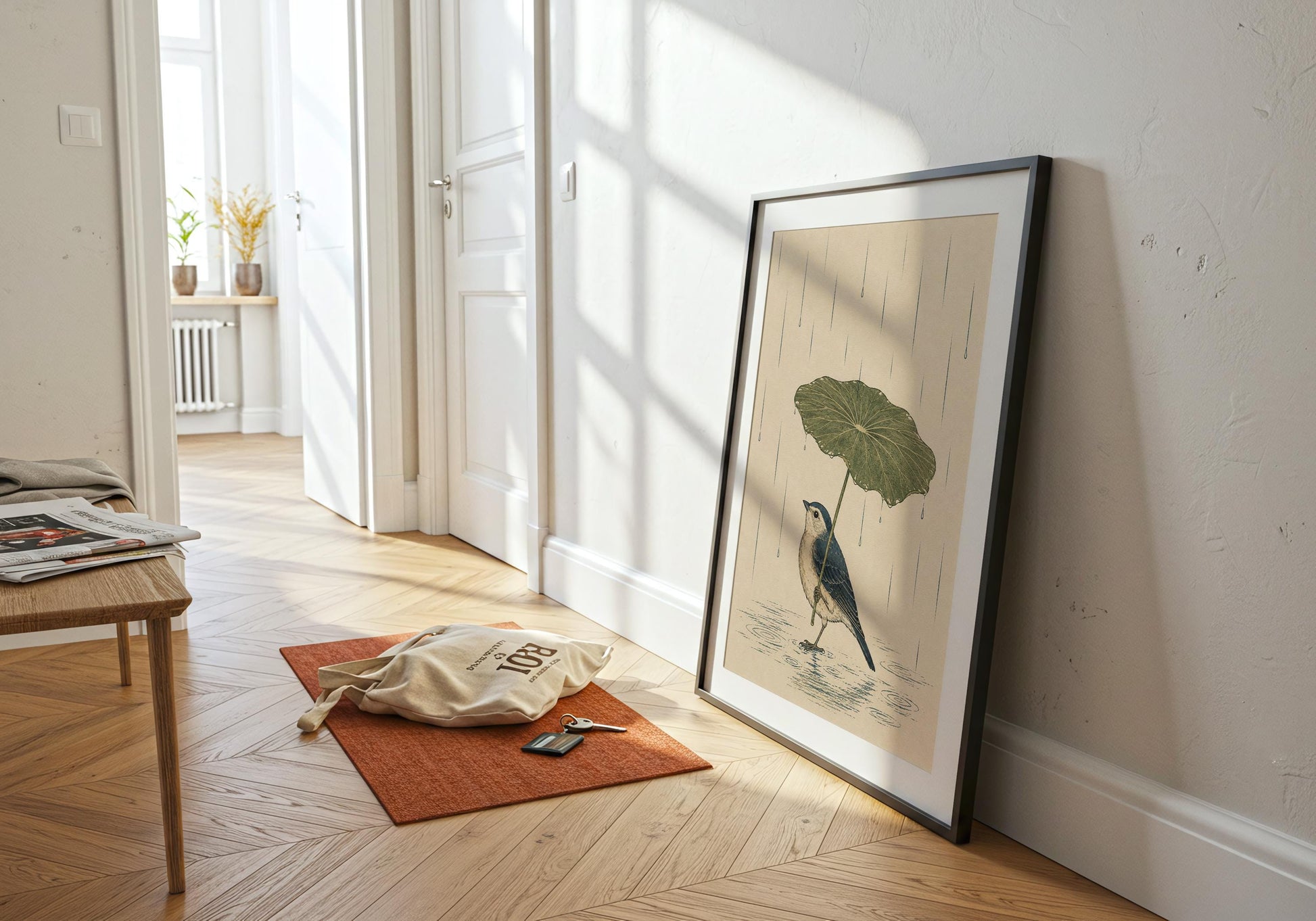 Minimalist nature print featuring a peaceful bird in the rain for bedrooms, living rooms and home offices.