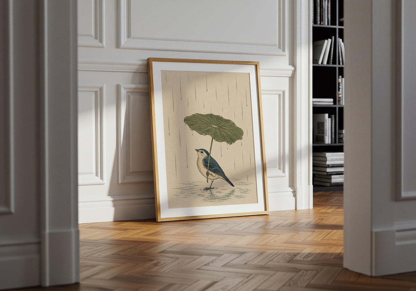 Japandi bird print featuring a delicate bird standing beneath a lotus leaf umbrella in a tranquil rain scene.