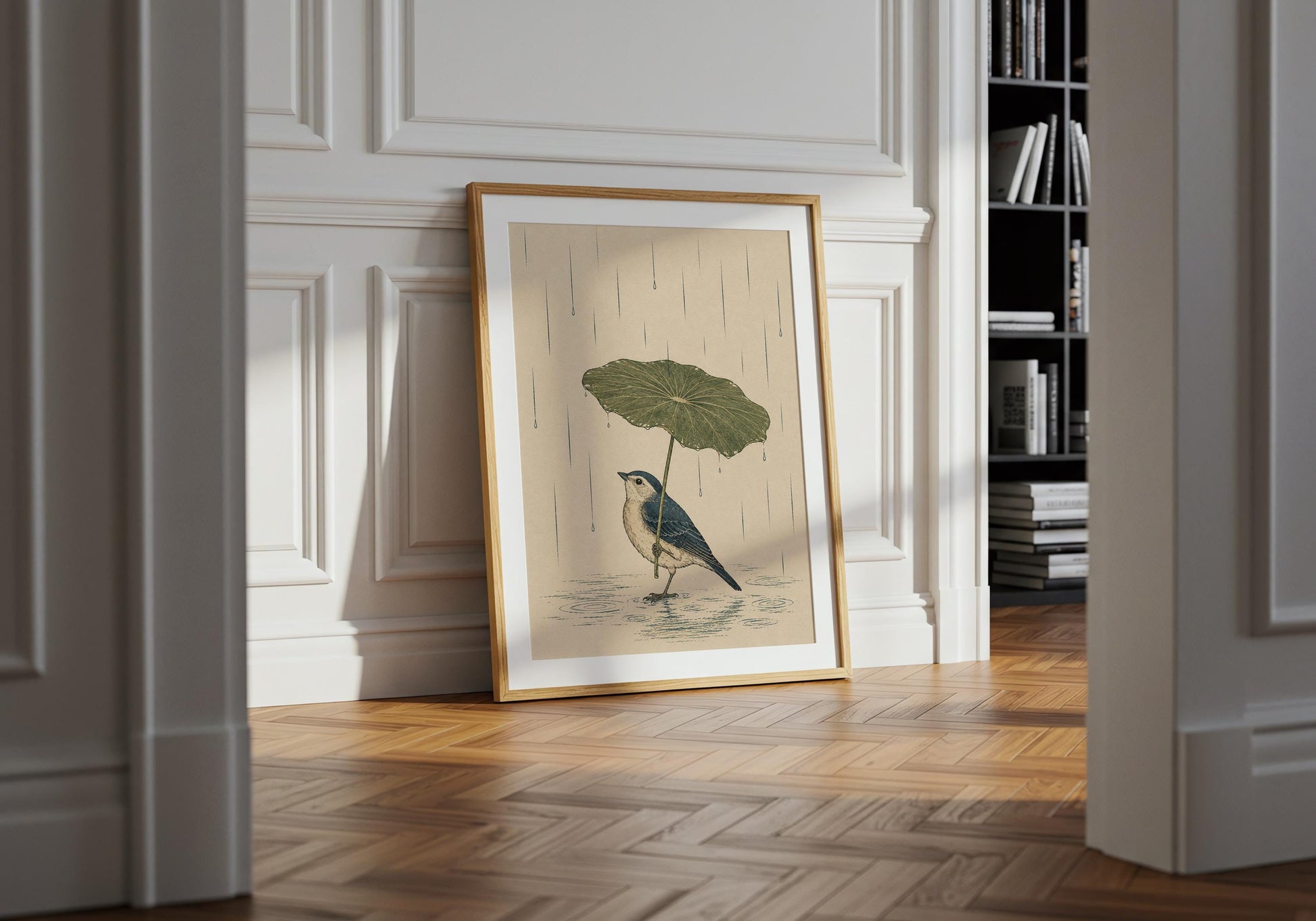 Japandi bird print featuring a delicate bird standing beneath a lotus leaf umbrella in a tranquil rain scene.