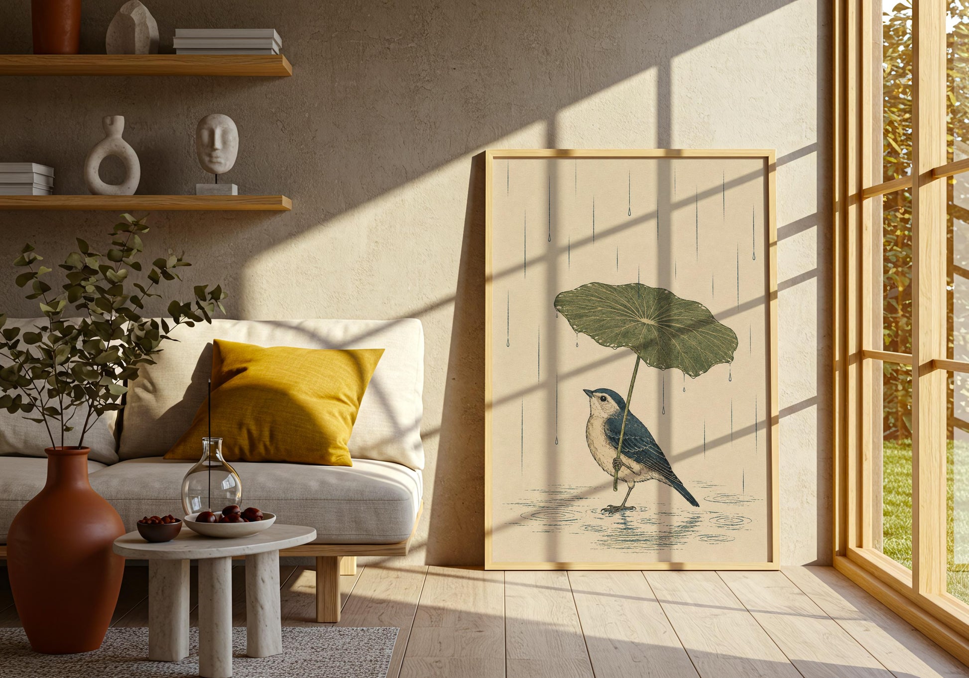 Wabi-Sabi inspired bird wall art with botanical illustration, rainfall and calming neutral tones.