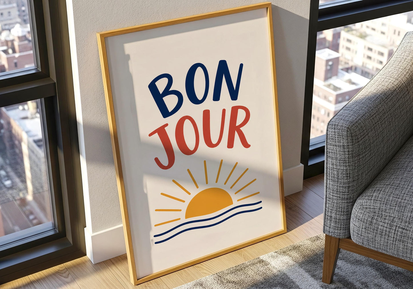 Contemporary French poster with sunshine graphic for kitchens, hallways, and living rooms.