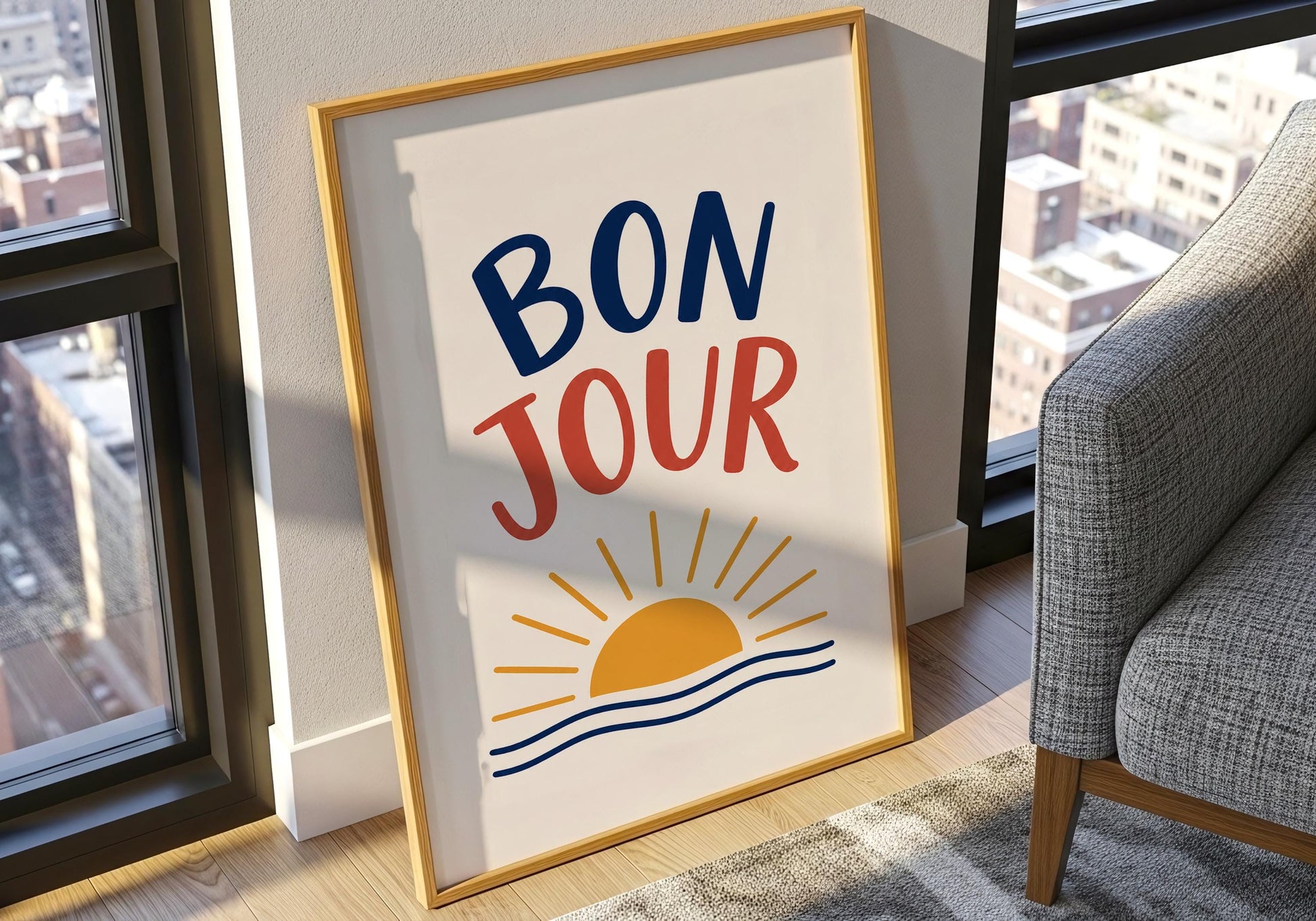 Contemporary French poster with sunshine graphic for kitchens, hallways, and living rooms.