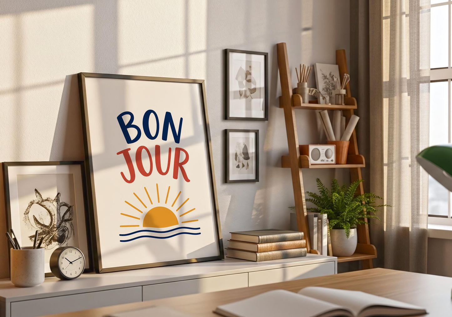 Modern French wall art featuring the word Bonjour in colourful typography.